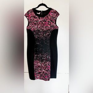 Maggy London black sheath dress with red and pink design